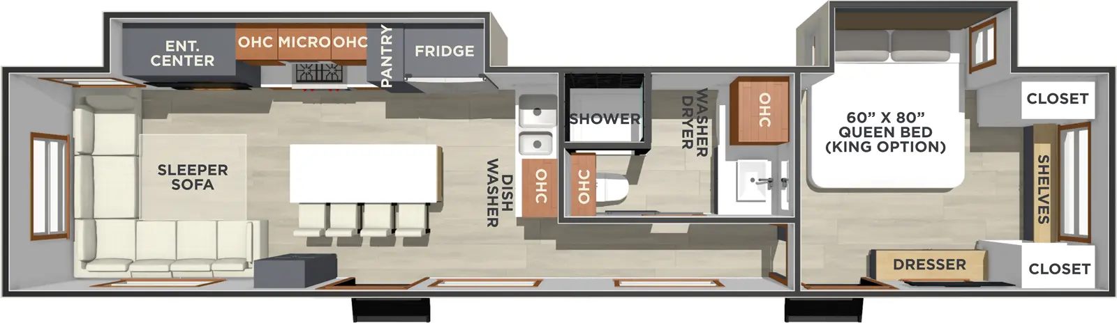 The Lost Pines HEMLOCK floorplan has two entries and two slide outs. Exterior features include: fiberglass exterior. Interiors features include: kitchen island, front bedroom and rear living.